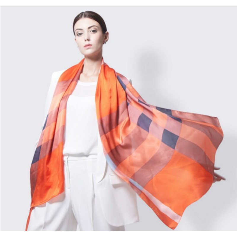 Pure Silk Scarf Orange Plaid Women Summer Scarf